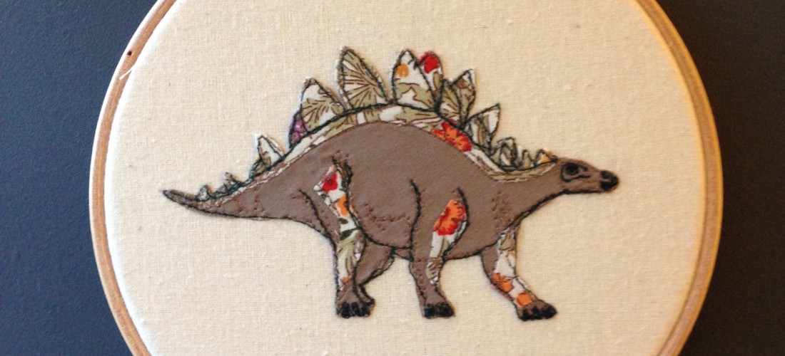 Stockists, potential stockists, freehand machine embroidery, stegosaurus art hoop, wall hanging